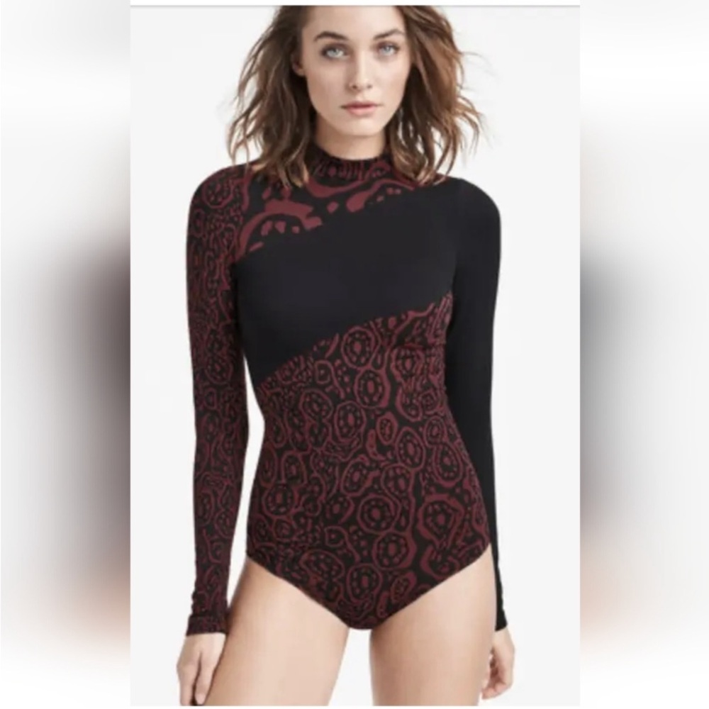 Wolford Black and Burgundy Long-Sleeve Patterned Bodysuit